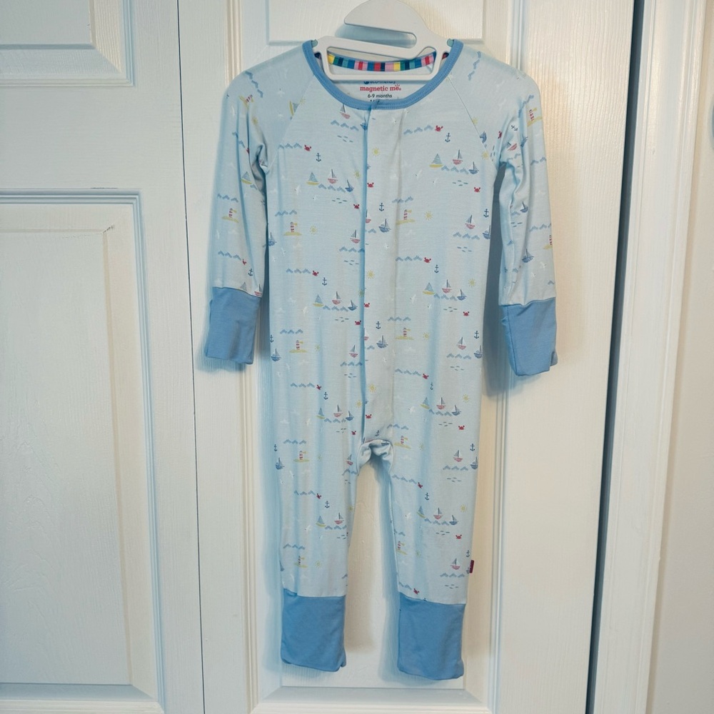 EUC Magnetic Me Convertible Romper Coverall, 6-9 months, modal, blue sailboats